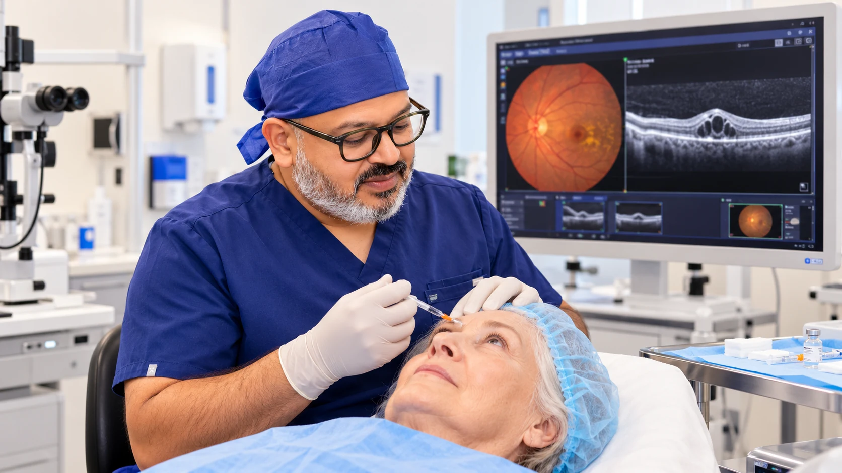 Dr Rahul Dubey providing an intravitreal treatment for macular degeneration