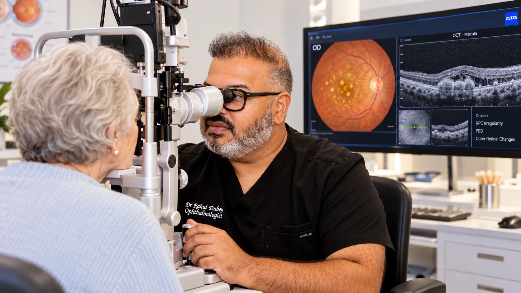 Dr Rahul Dubey examining a patient with OCT macular imaging