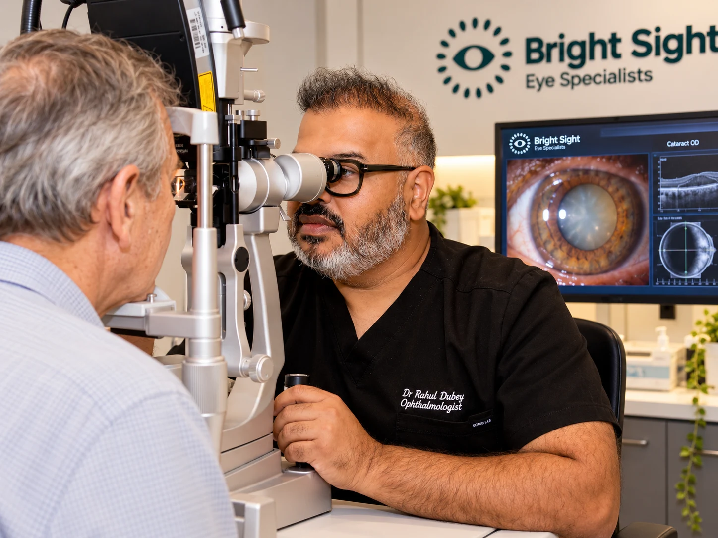 Dr Rahul Dubey examining a patient with cataract imaging