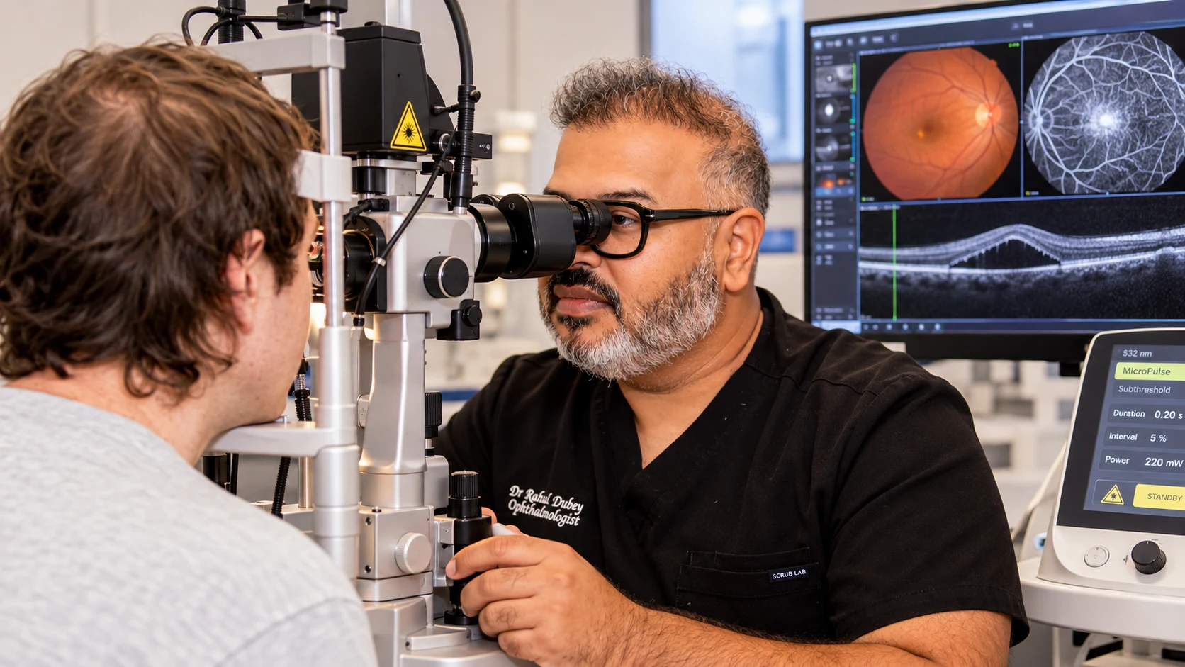Dr Rahul Dubey assessing central serous retinopathy with specialist retinal imaging