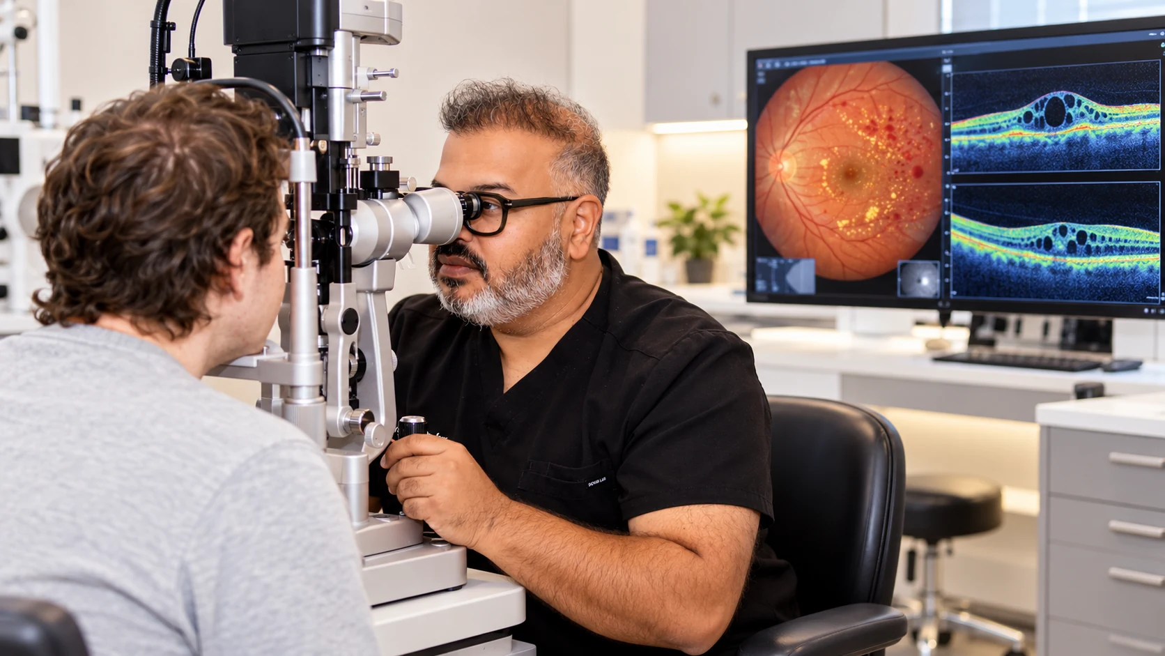 Dr Rahul Dubey examining a patient with diabetic retinal imaging