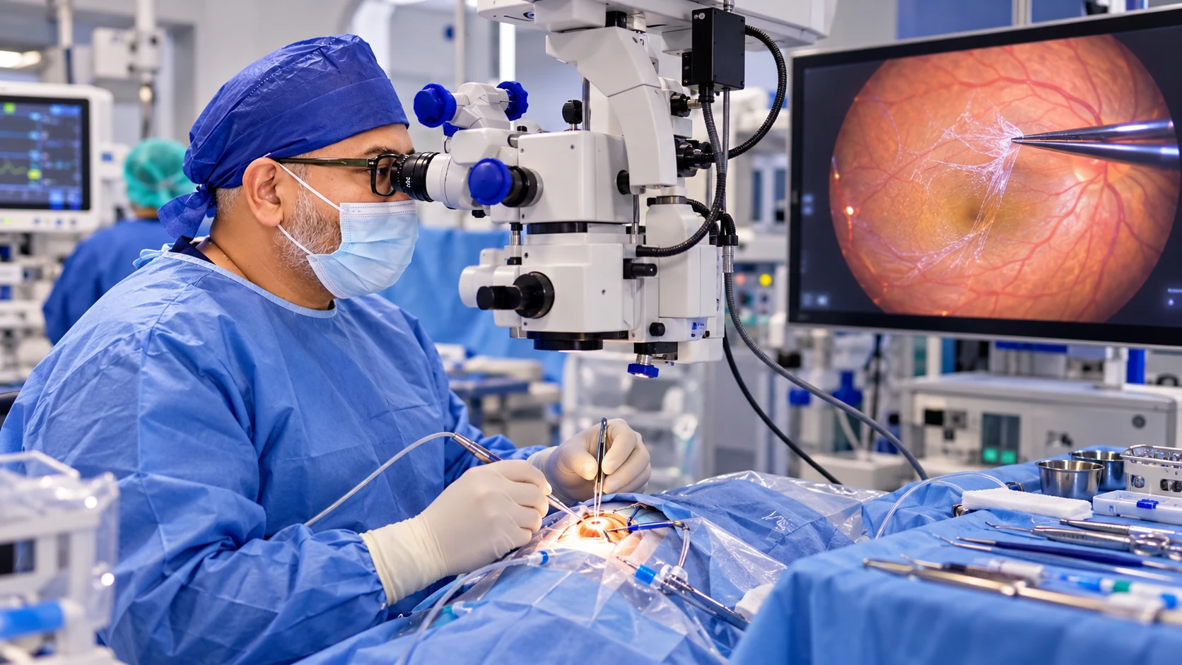 Dr Rahul Dubey performing vitreoretinal microsurgery for an epiretinal membrane