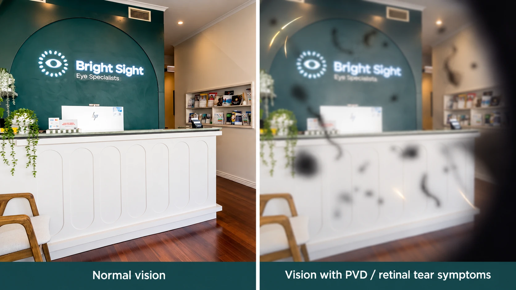 Illustration comparing normal vision with flashes and floaters from posterior vitreous detachment or a retinal tear