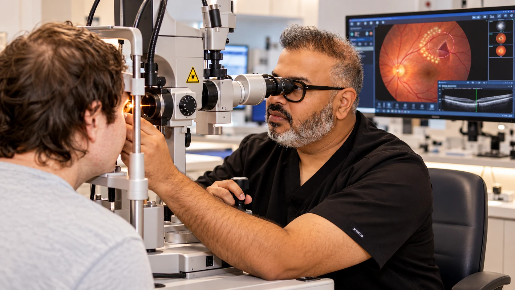 Dr Rahul Dubey examining a patient for posterior vitreous detachment and retinal tears