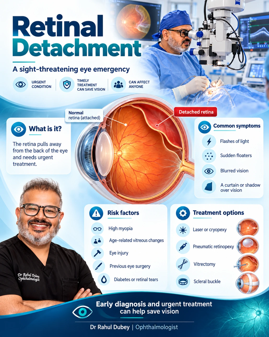 Retinal detachment warning signs, risk factors and treatment options infographic