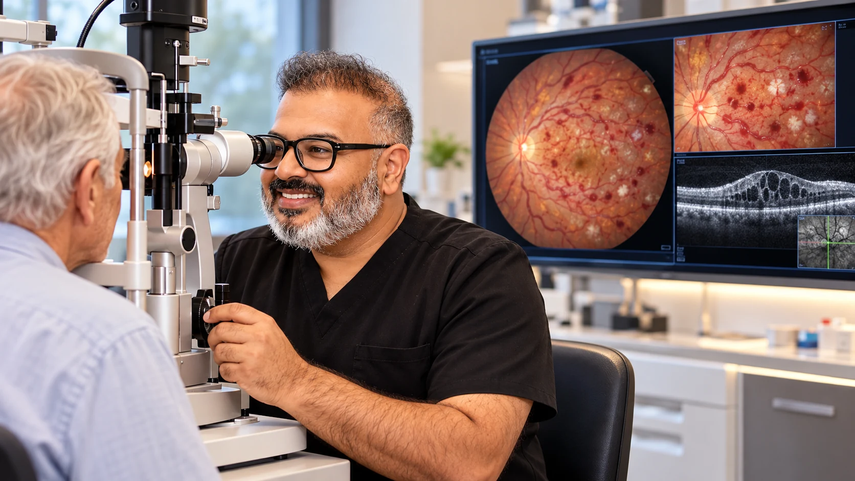 Dr Rahul Dubey examining a patient with retinal vein occlusion imaging