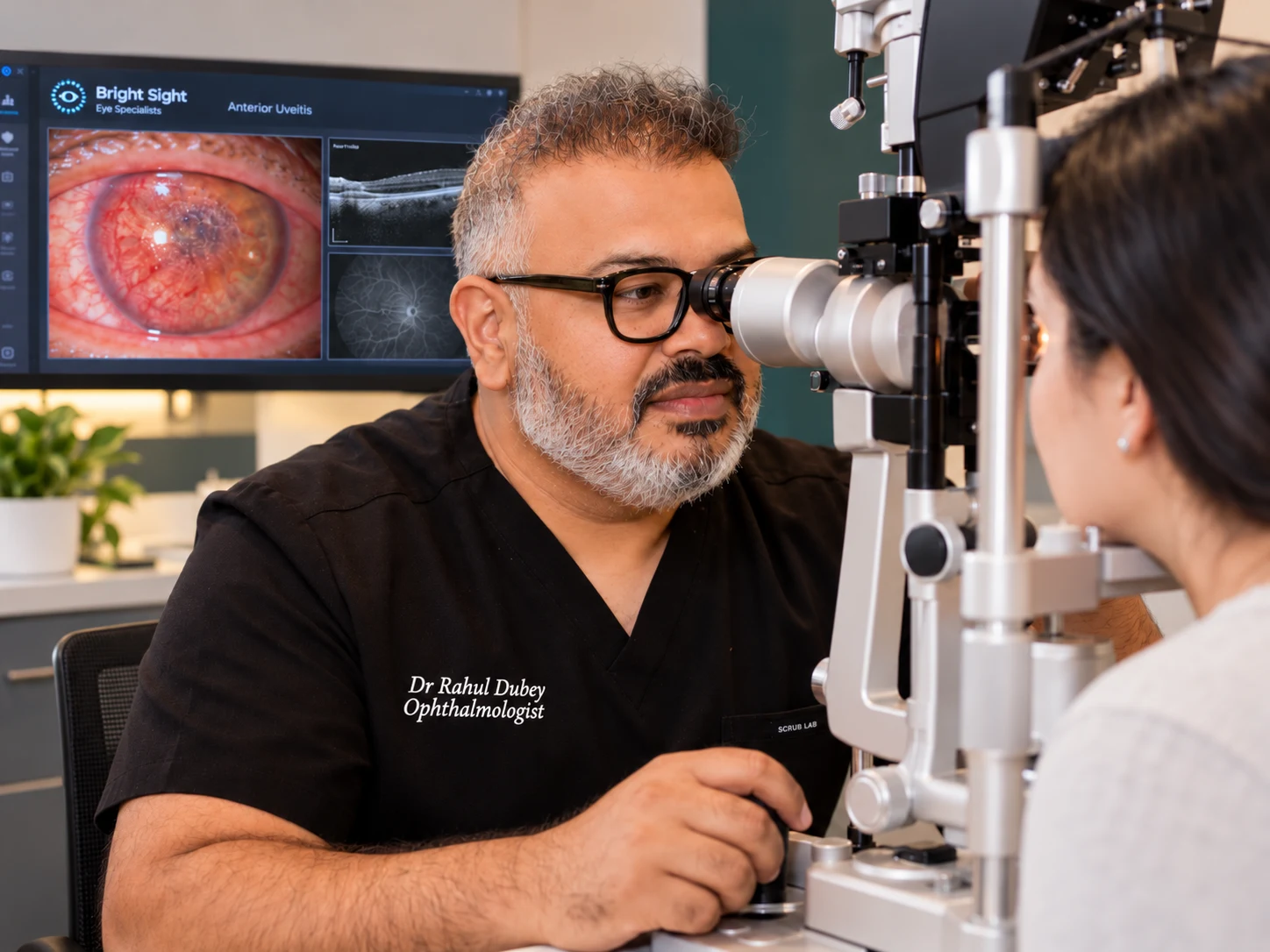Dr Rahul Dubey examining a patient for uveitis and ocular inflammation