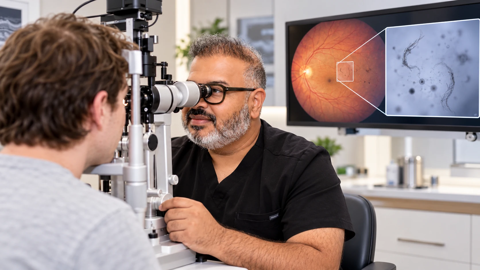 Dr Rahul Dubey examining a patient for vitreous floaters