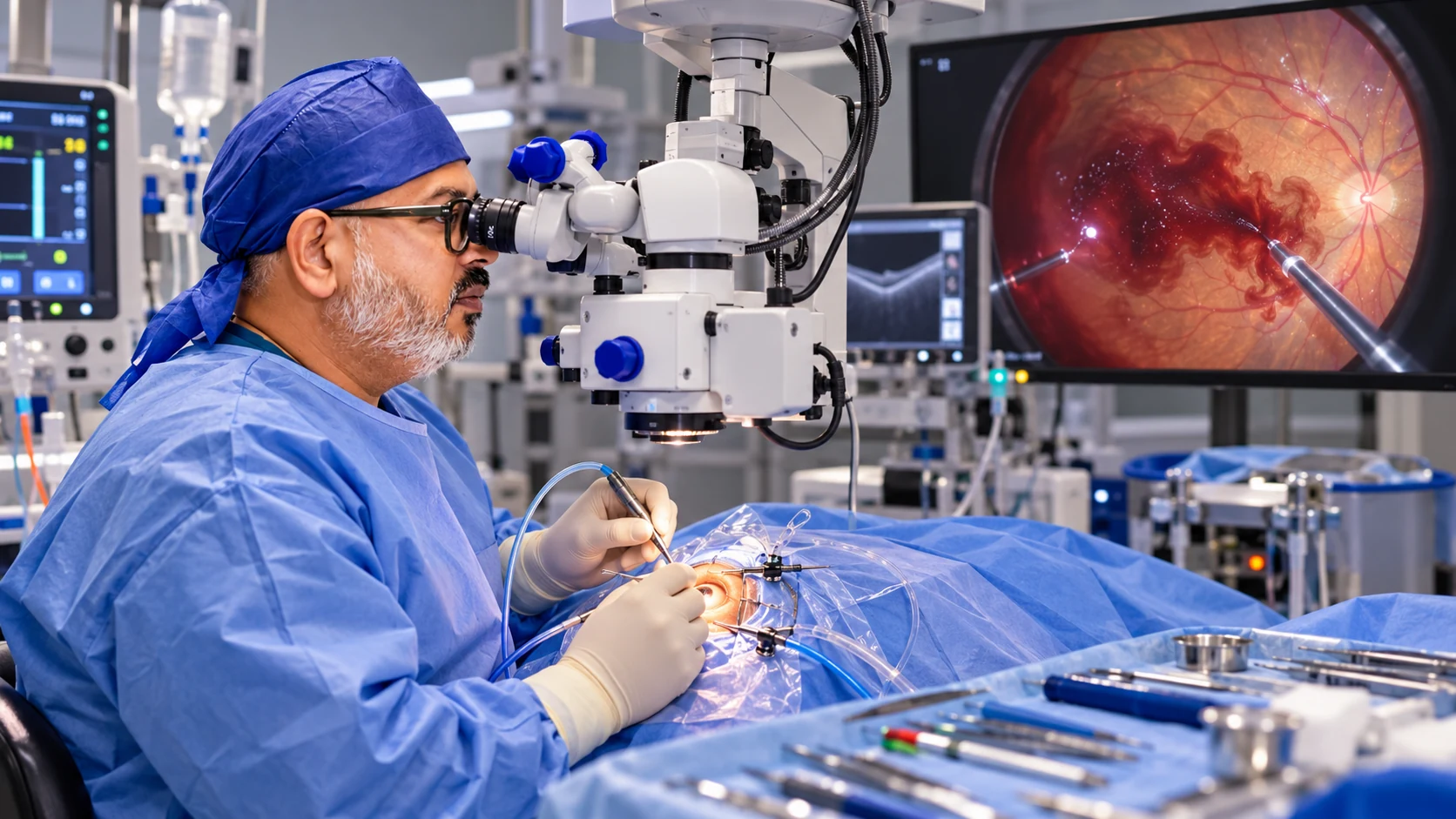Dr Rahul Dubey performing vitreoretinal surgery for vitreous haemorrhage