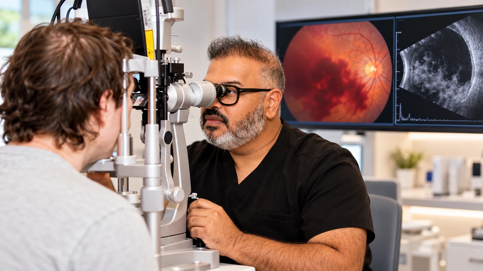 Dr Rahul Dubey examining a patient for vitreous haemorrhage